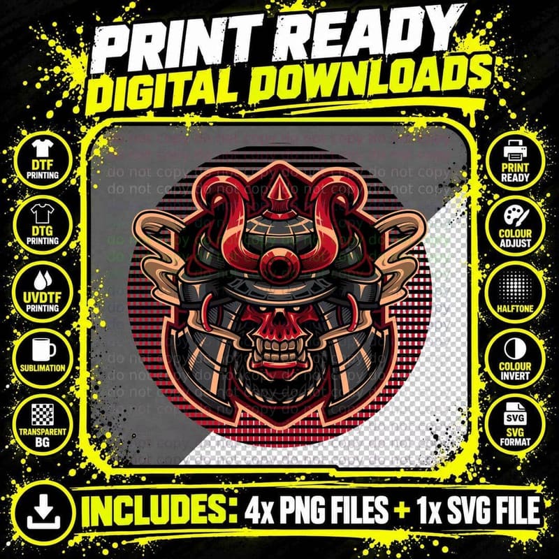 Demon Mask Skull Armor Red Checkered T-Shirt Png SVG Digital Bundle