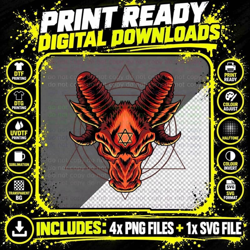 Demonic GOAT Red Demon Head with Star of David Dark Png SVG Digital Bundle