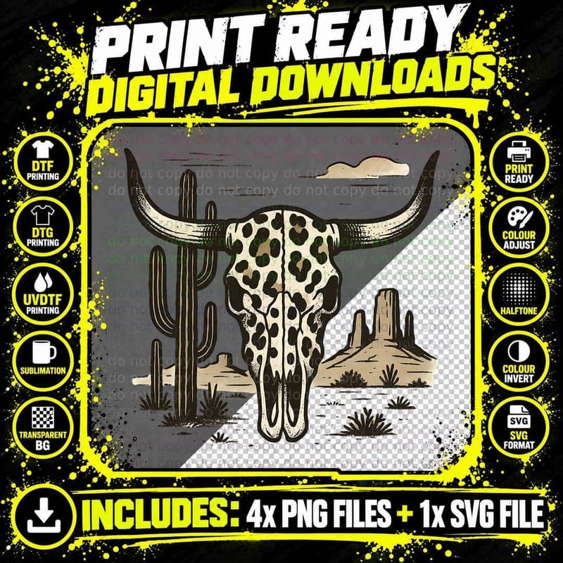 Desert Skull with Cacti and Mountains Western T-Shirt Png SVG Digital Bundle
