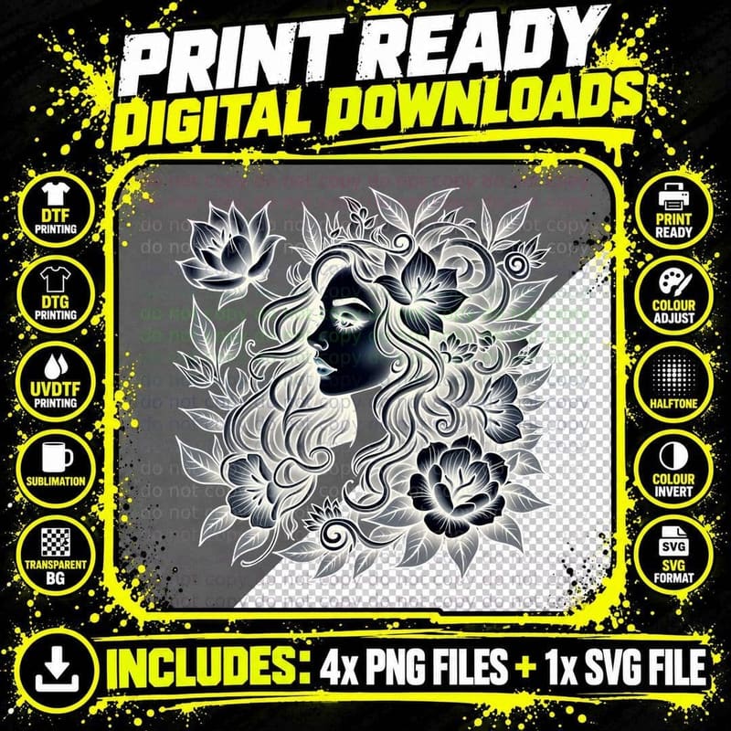 Detailed Lady & Flowers Tattoo Art T-Shirt Png SVG Digital Bundle