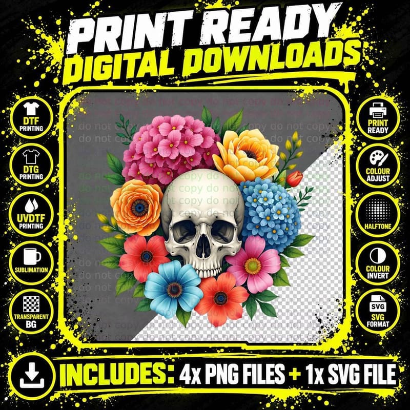 Detailed Skull Pink Orange Blue Flowers Green Leaves Png SVG Digital Bundle
