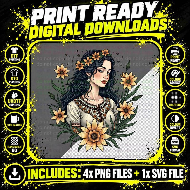Detailed Tattoo Design of a Woman with Flowers T-Shirt Png SVG Digital Bundle