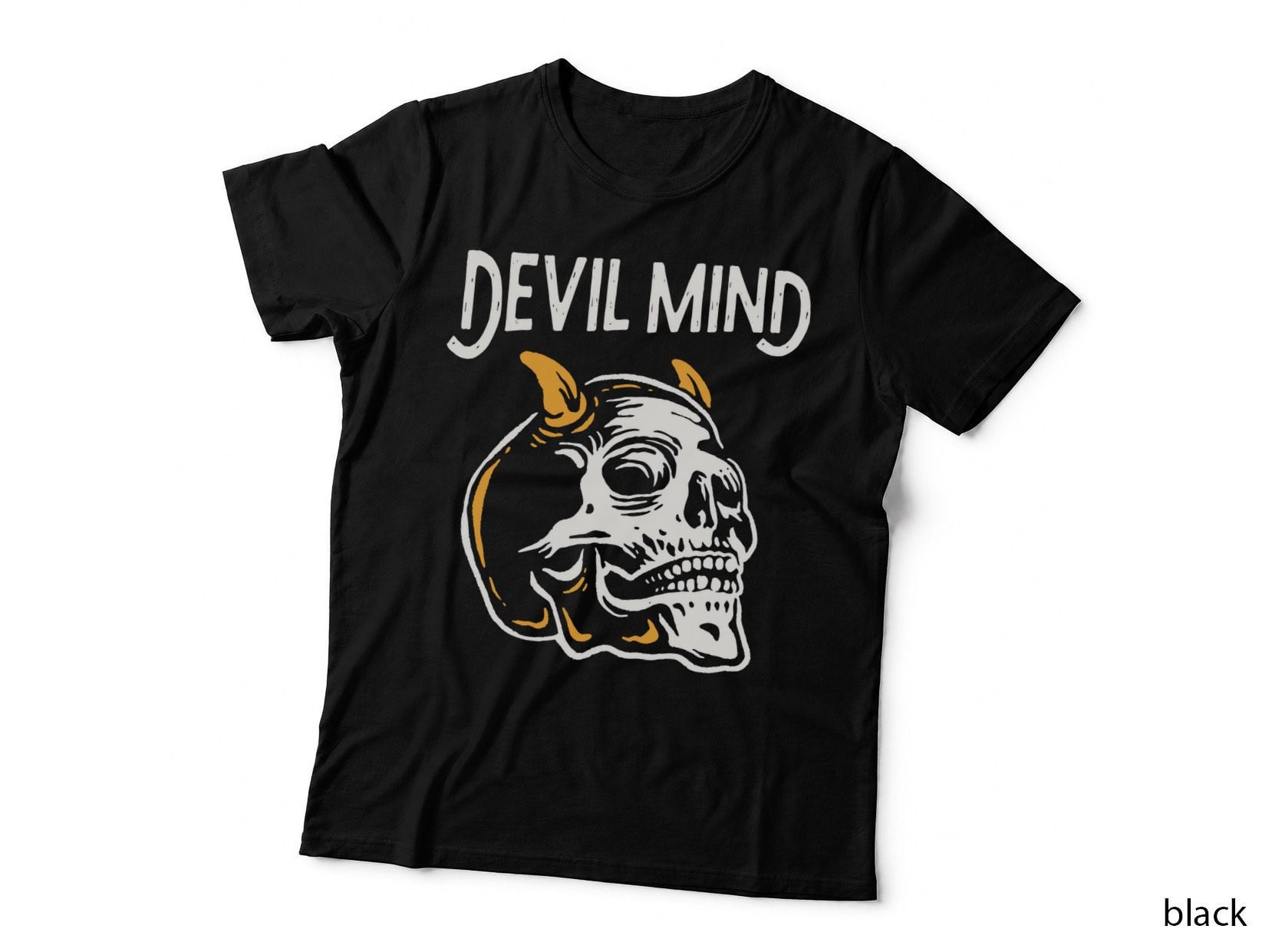 Devil Skull Mind White Horns Yellow Accent T-Shirt