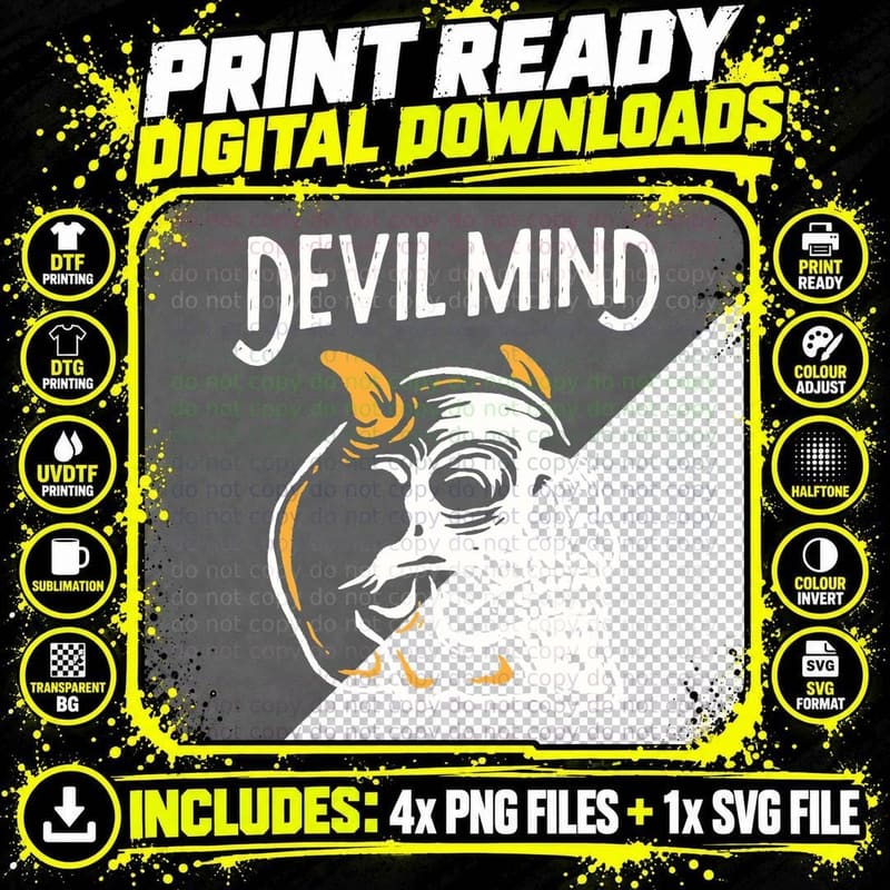 Devil Skull Mind White Horns Yellow Accent T-Shirt Png SVG Digital Bundle