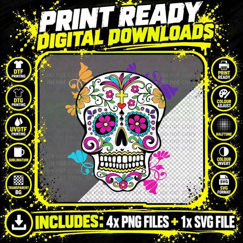 Dia De Los Muertos Sugar Skull T-Shirt Png SVG Digital Bundle