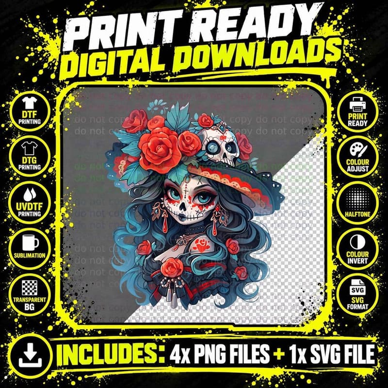 Dia De Muertos La Catrina Day of the Dead Sugar Skull Png SVG Digital Bundle