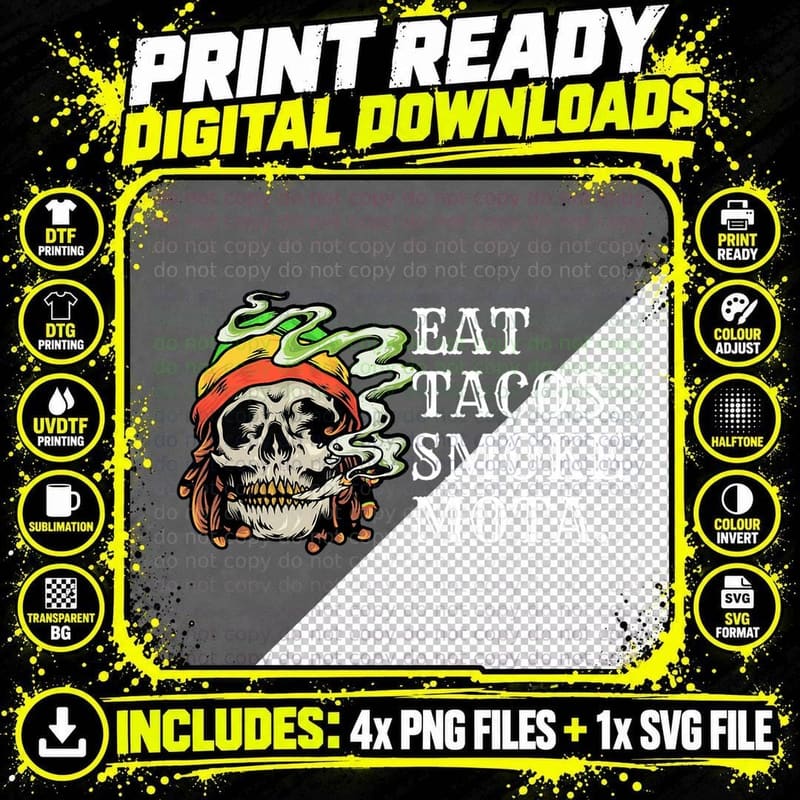 Eat Tacos Smoke Mota Skull Weed 420 Stoner T-Shirt Png SVG Digital Bundle