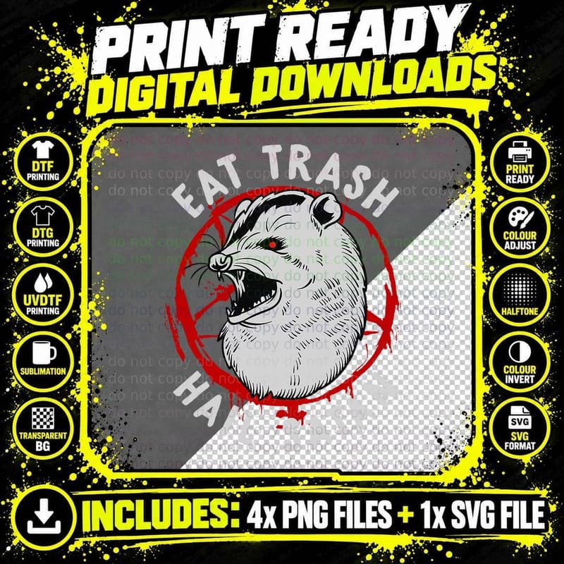 Eat Trash Hail Satan I Satanic Occult Pentagram Possum Png SVG Digital Bundle