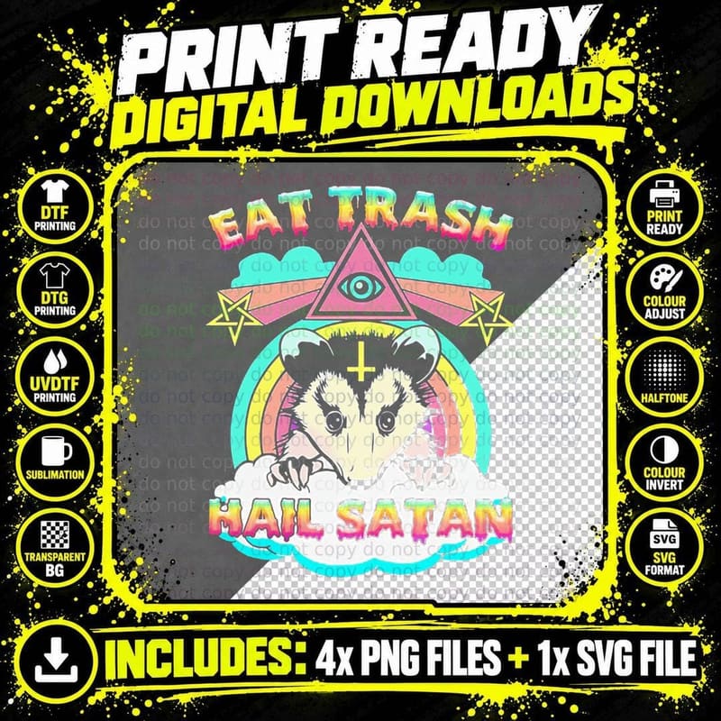 Eat Trash Hail Satan Raccoon Pentagram Satanic Garbage Png SVG Digital Bundle