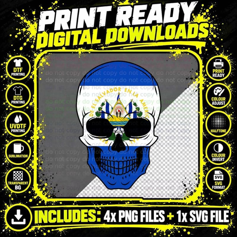 El Salvador Flag Skull Salvadoran Roots Heritage Png SVG Digital Bundle
