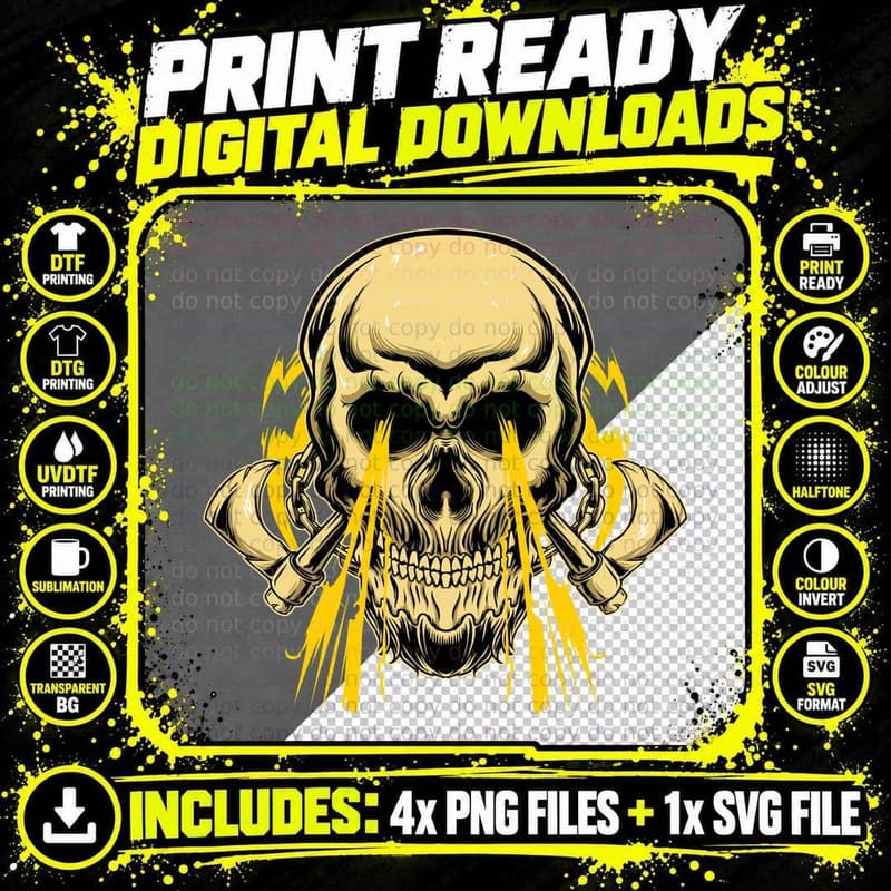 Electric Skull Power Yellow Lightning Energy T-Shirt Png SVG Digital Bundle