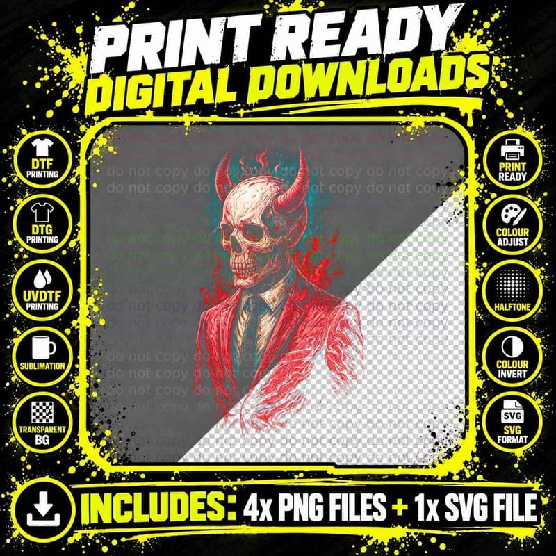 Elegant Demon Skull T-Shirt, Gothic Apparel Png SVG Digital Bundle