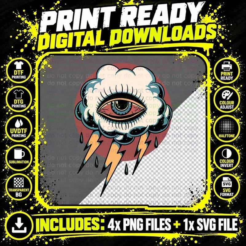 Eye Thunder Cloud Tattoo T-Shirt, Gothic Fantasy Art Png SVG Digital Bundle
