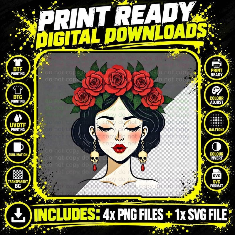 Fair Skin Dark Hair Red Roses Skull Earrings Vibrant Png SVG Digital Bundle
