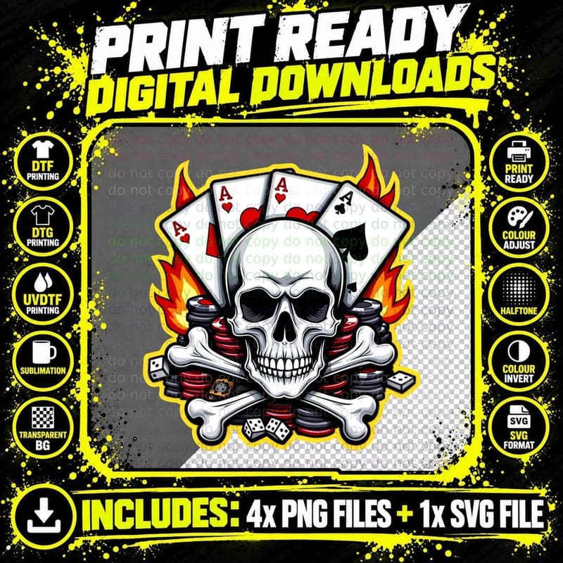Fiery Poker Skull Gothic Card Player Flames and Bones Png SVG Digital Bundle