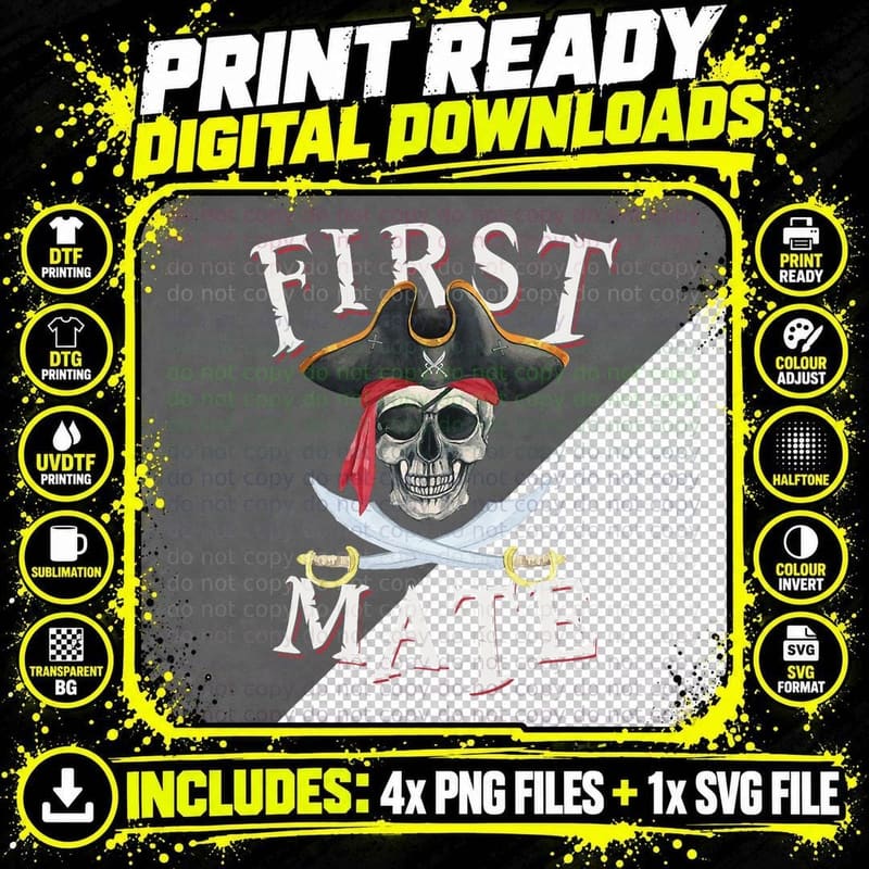 First Mate Pirate Hat Skull T-Shirt, Nautical Sailing Png SVG Digital Bundle