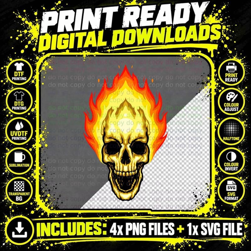 Flame Skull Engulfed Red Yellow Fire Flames T-Shirt Png SVG Digital Bundle