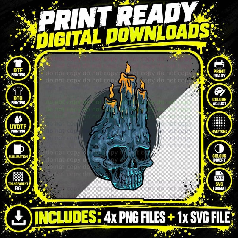 Flaming Skull Burning Candles Blue Cyan Mystical Dark Png SVG Digital Bundle