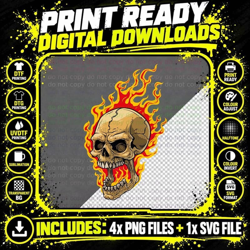 Flaming Skull Fire Head Graphic Design T-Shirt Png SVG Digital Bundle
