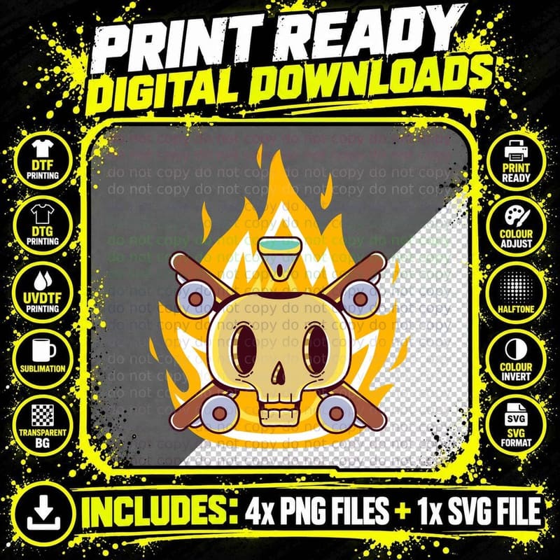Flaming Skull Intense with Flames and Speakers Fire Png SVG Digital Bundle