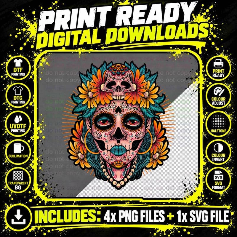 Folk Skull Flowers Art Day Dead Colorful T-Shirt Png SVG Digital Bundle