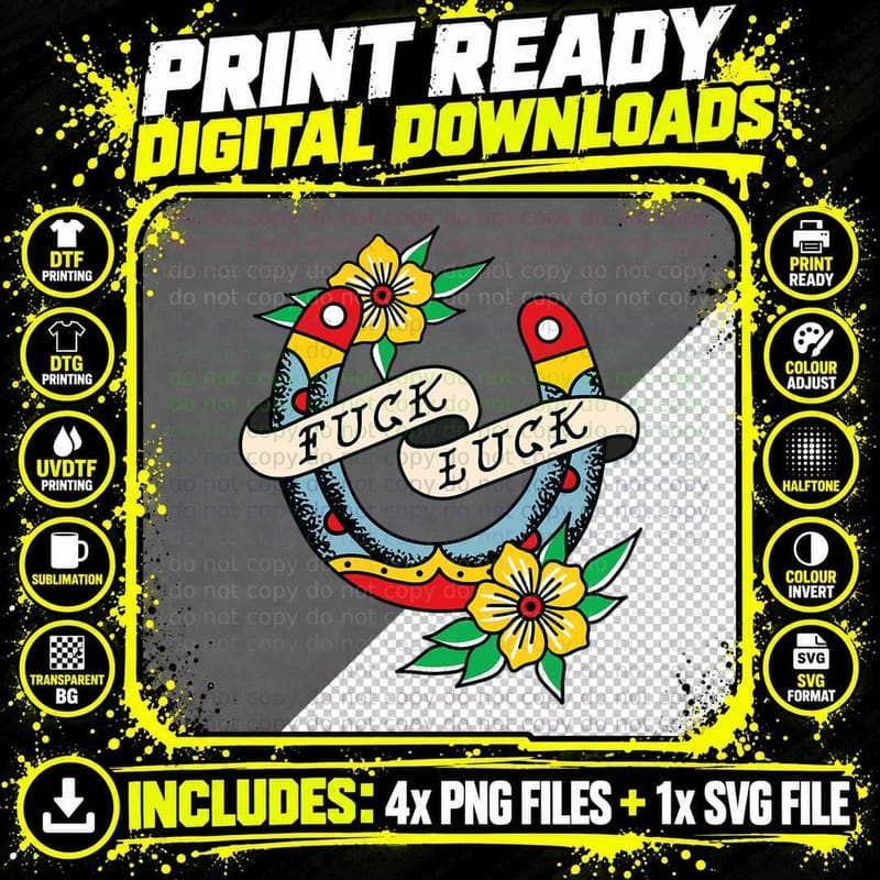 Fuck Luck Horseshoe American Traditional Tattoo Flash Png SVG Digital Bundle