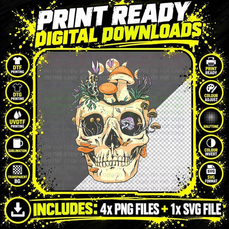 Fun Skull Crystals Mushroom Cottagecore Aesthetic Png SVG Digital Bundle