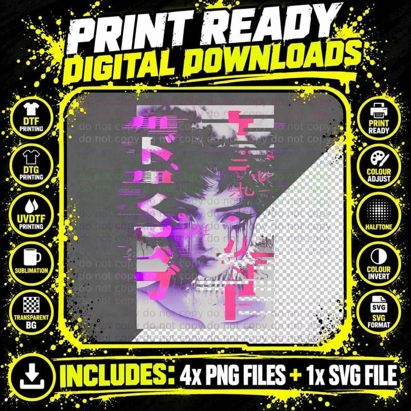 Futuristic Techwear Harajuku Vaporwave Cyberpunk Goth Png SVG Digital Bundle