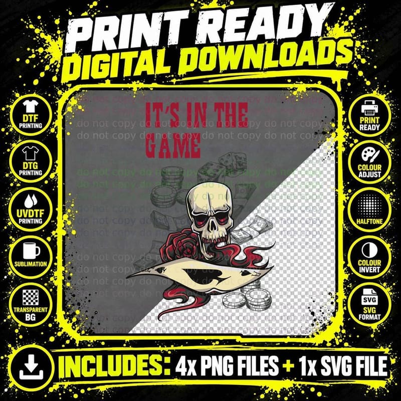 Gambling Skull It's in the Game with Dice Money Cards Png SVG Digital Bundle