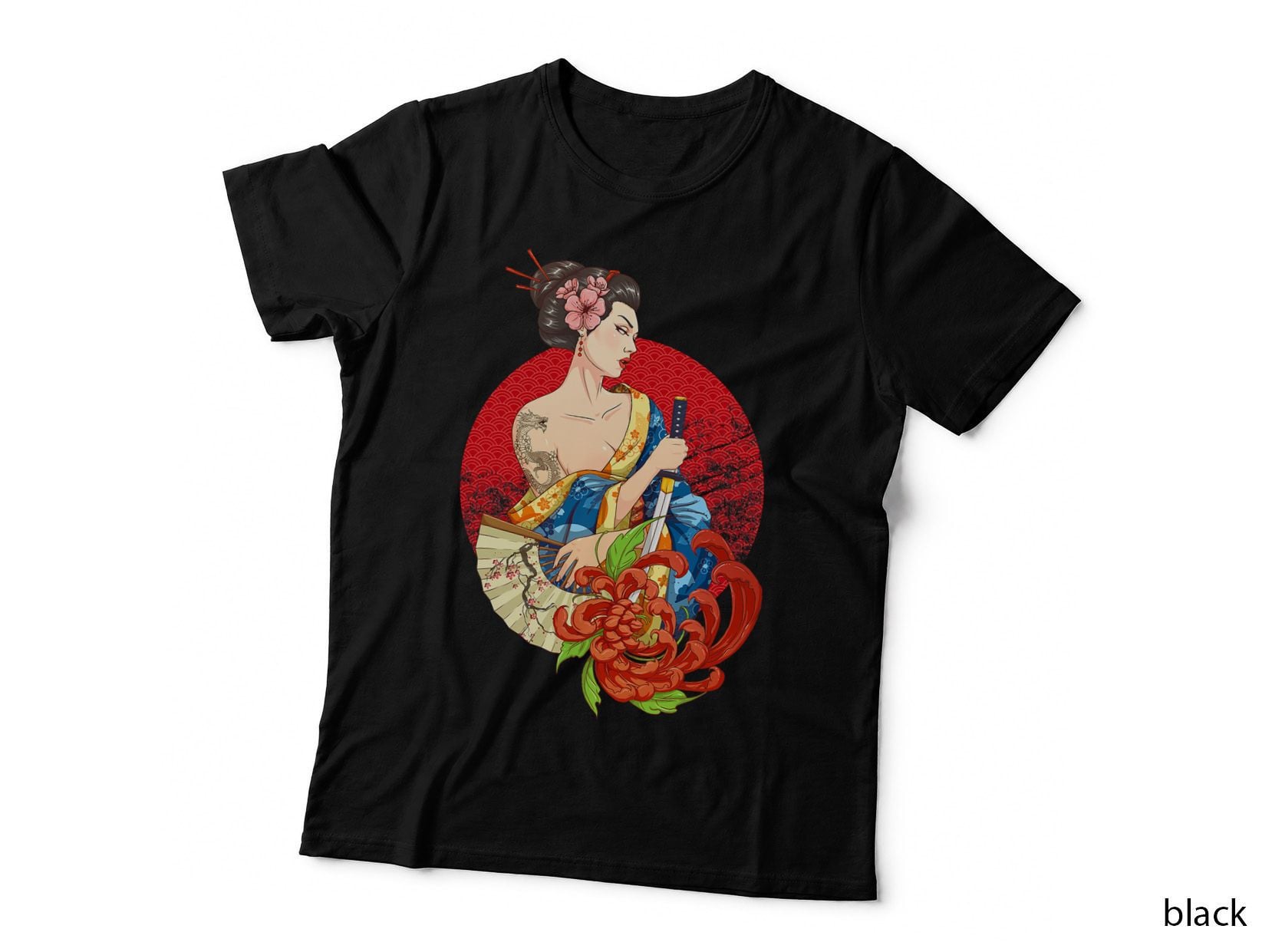 Geisha Girl Katana Sword Tattoo T-Shirt, Japanese Style, Asian Culture