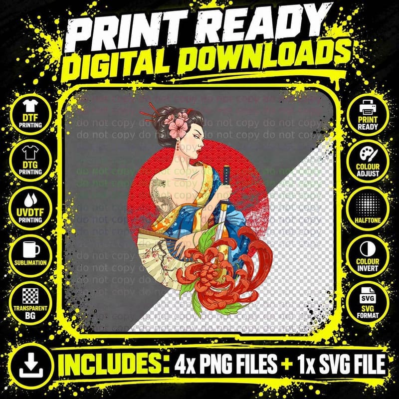 Geisha Girl Katana Sword Tattoo T-Shirt, Japanese Style Png SVG Digital Bundle