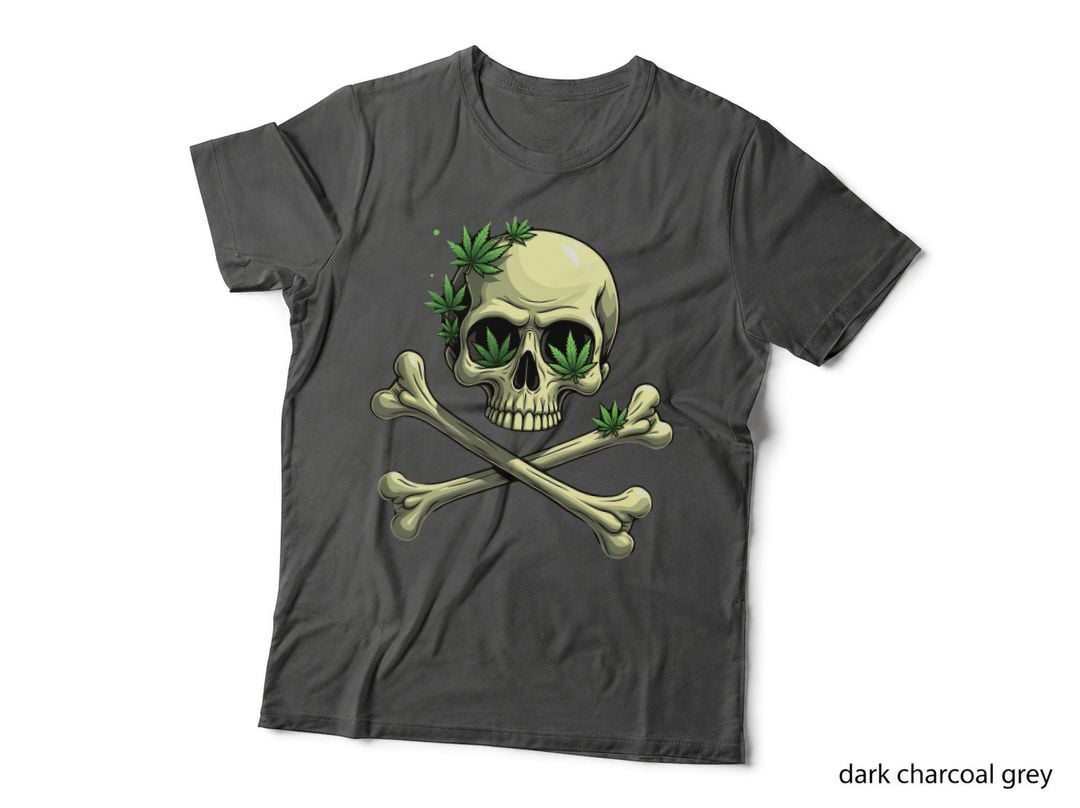 Glossy Skull & Crossbones with Marijuana Leaves Cannabis Smoker T-Shirt