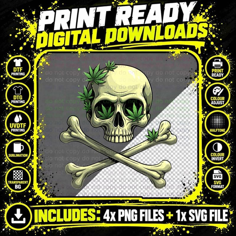 Glossy Skull & Crossbones with Marijuana Leaves Cannabis Png SVG Digital Bundle