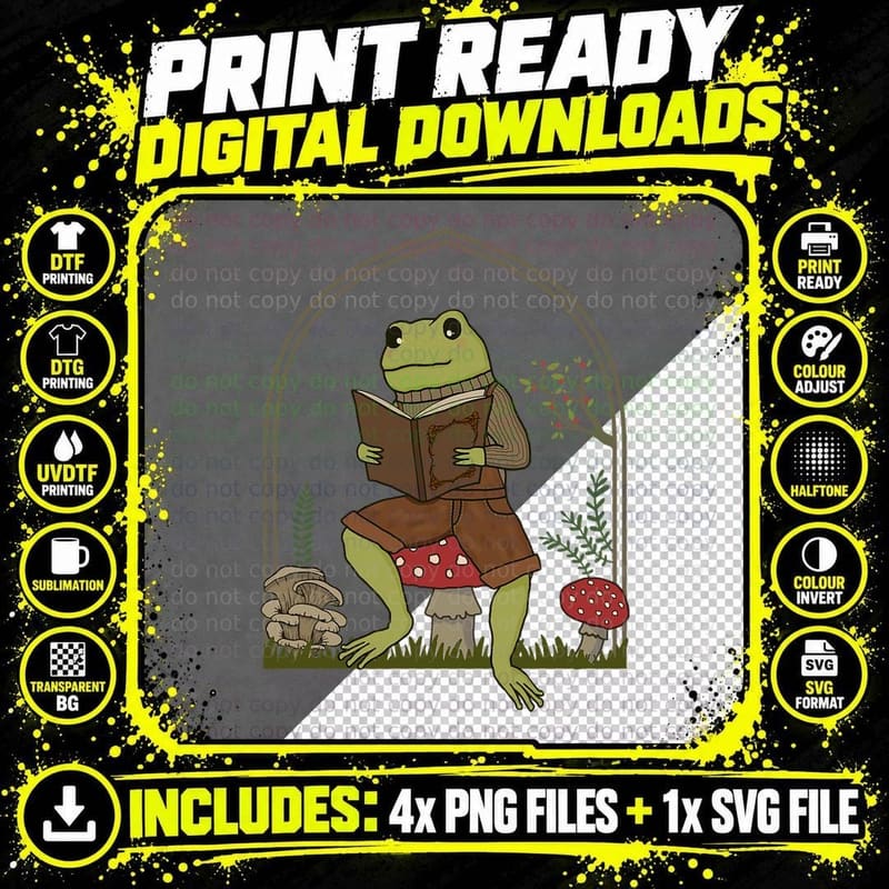 Goblincore Aesthetic Dark Academia Frog Book Mushroom Png SVG Digital Bundle