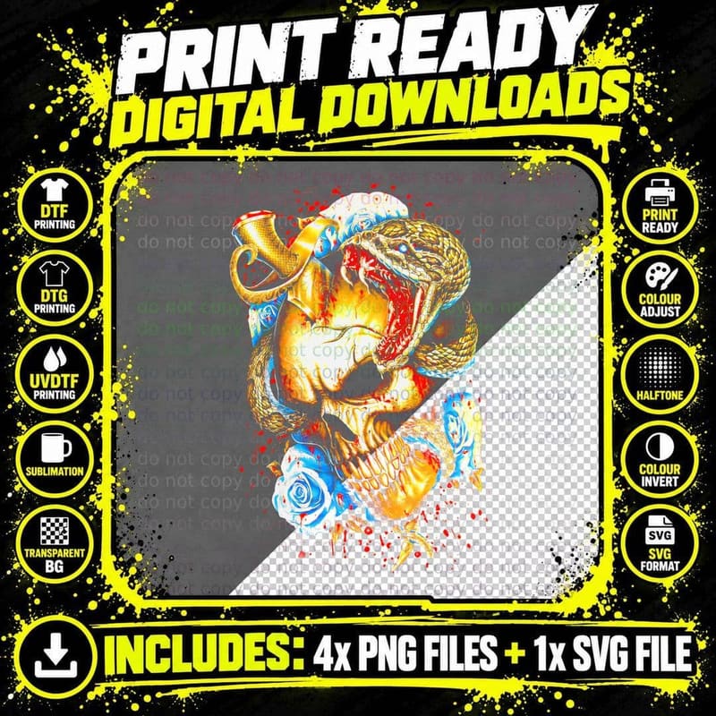 Golden Orange Fire Snake Skull Blue Roses Mythological Png SVG Digital Bundle