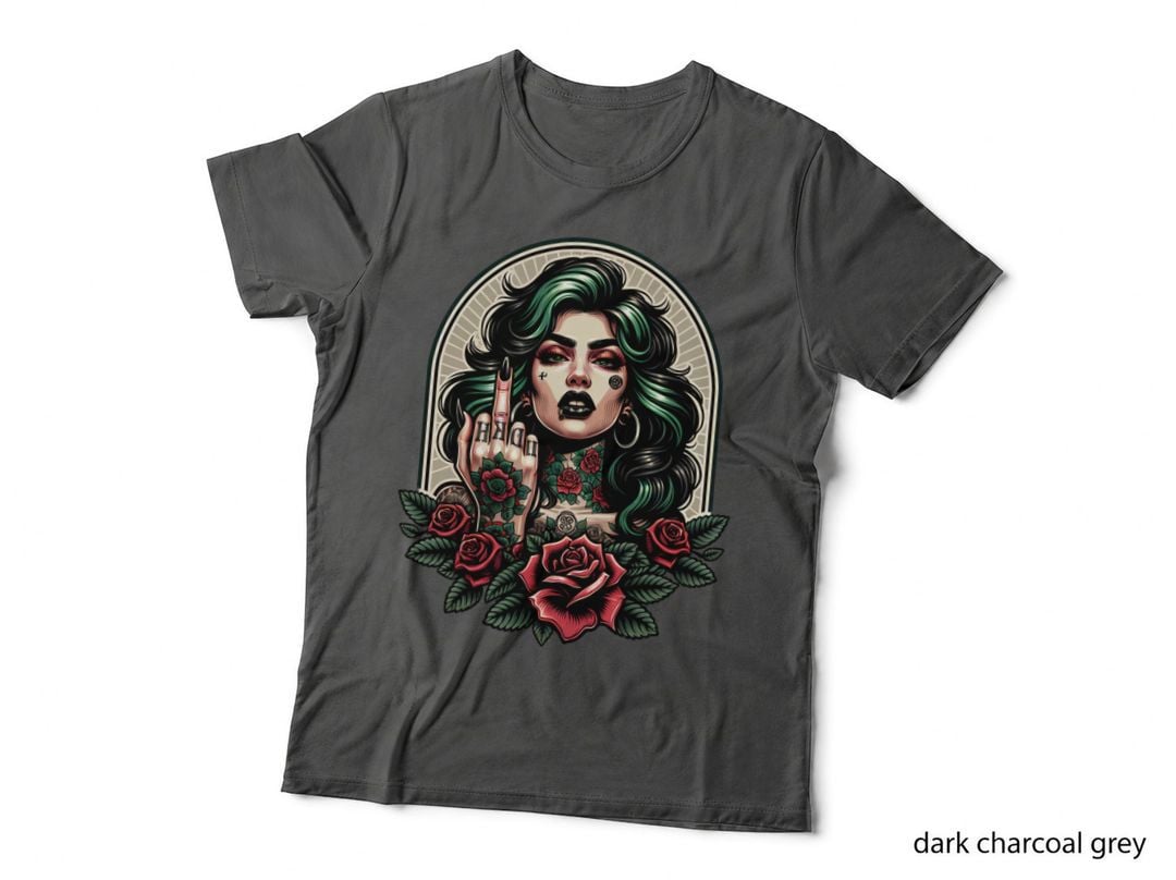 Goth Girl Middle Finger Tattooed Roses Edgy Streetwear Fashion T-Shirt