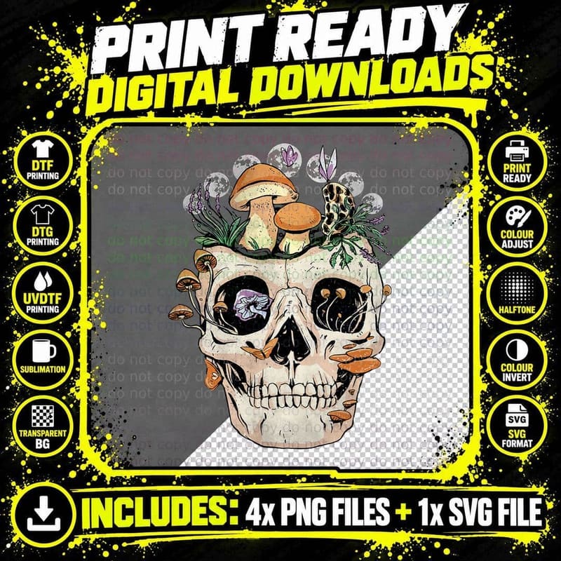 Goth Mushroom Skull Mycologist Fungi T-Shirt Png SVG Digital Bundle