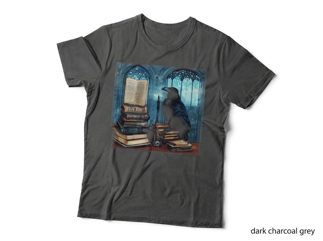 Gothic Art Raven Sitting on a Stack of Old Books T-Shirt