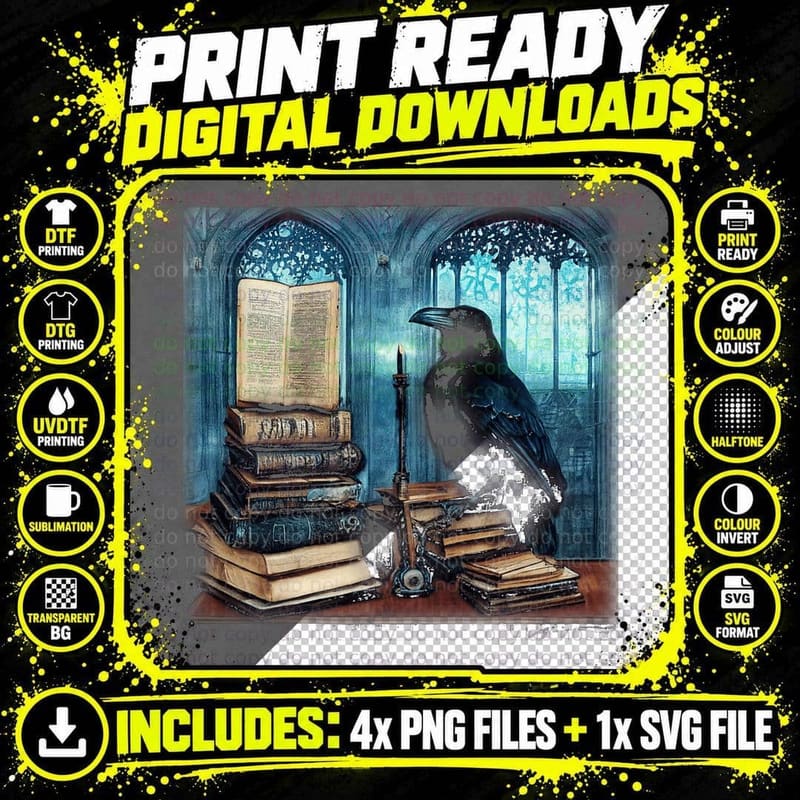 Gothic Art Raven Sitting on a Stack of Old Books T-Shirt Png SVG Digital Bundle