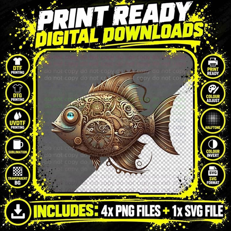 Gothic Fish Steampunk T-Shirt Png SVG Digital Bundle