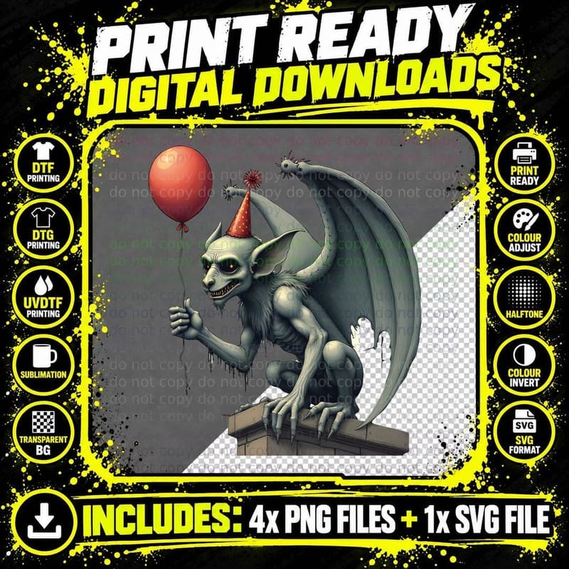 Gothic Gargoyle in a Party Hat T-Shirt Png SVG Digital Bundle