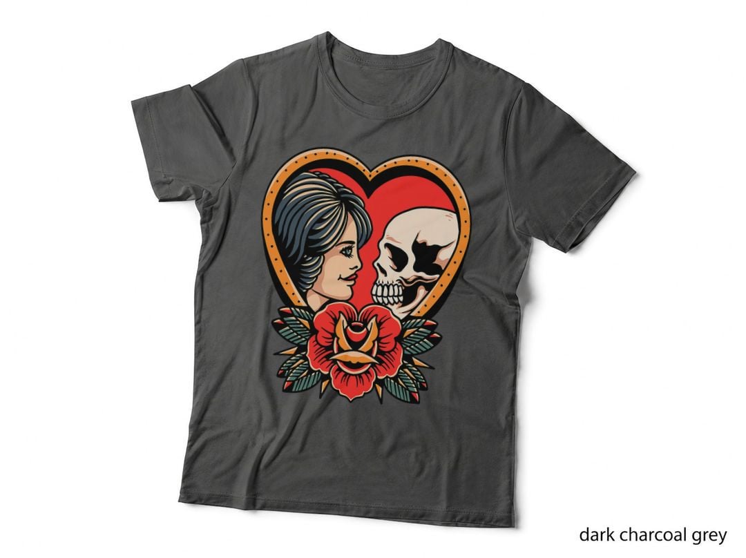 Gothic Skull and Rose T-Shirt, Tattoo Style, Dark Romance