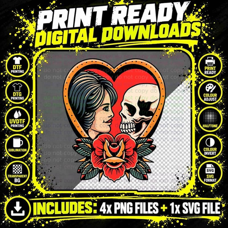 Gothic Skull and Rose T-Shirt, Tattoo Style, Dark Romance Png SVG Digital Bundle