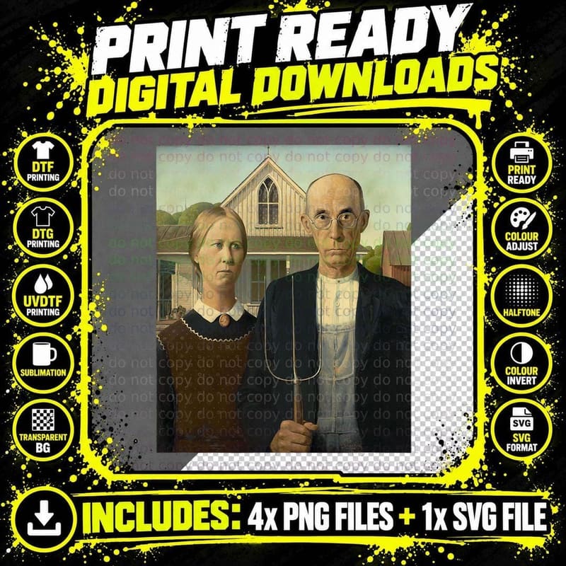 Grant Wood's American Gothic Fine Art Painting Farmers Png SVG Digital Bundle