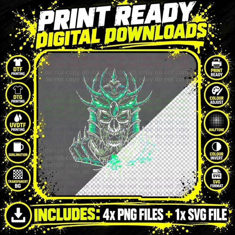 Green Cyan Glowing Demonic Skull Spikes Horns Cyberpunk Png SVG Digital Bundle