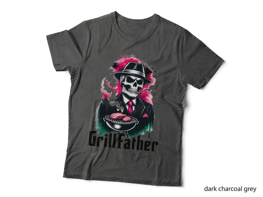 Grillfather Fathers Day T-Shirt, Skull in Suit Grilling Meat Graphic Tee