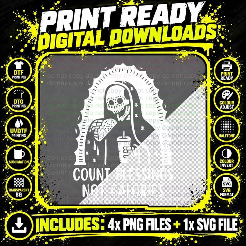 Grim Reaper Count Blessings Not Calories T-Shirt Png SVG Digital Bundle
