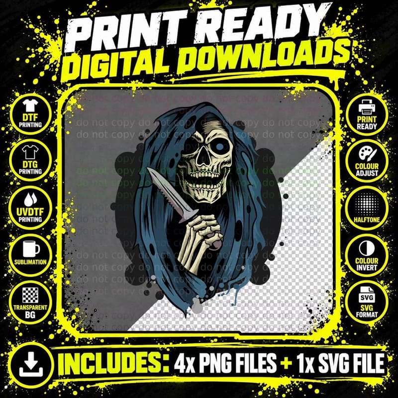 Grim Reaper Death Skeletal with Scythe Dark Mystical Png SVG Digital Bundle