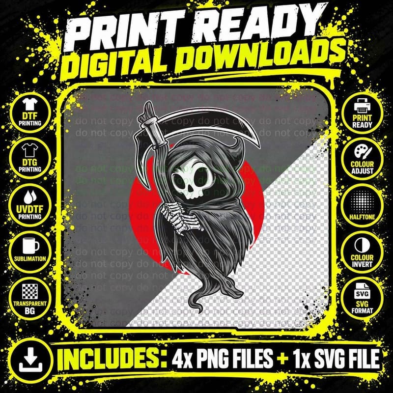 Grim Reaper Death Skull Scythe Gothic Dark Red T-Shirt Png SVG Digital Bundle