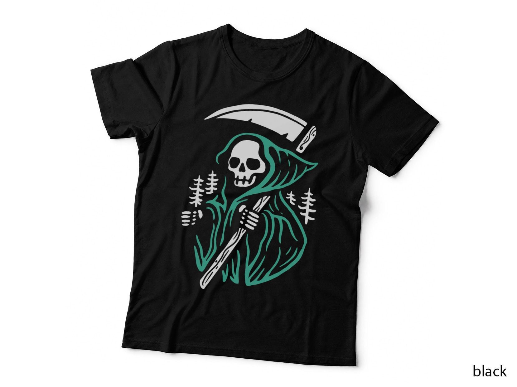 Grim Reaper Skull Forest Green White Bones Minimalist T-Shirt